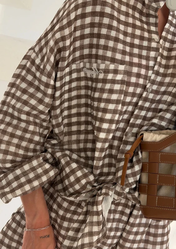 Palma - Oversize brown vichy checkered muslin shirt