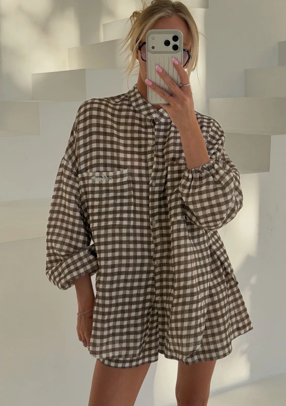 Palma - Oversize brown vichy checkered muslin shirt