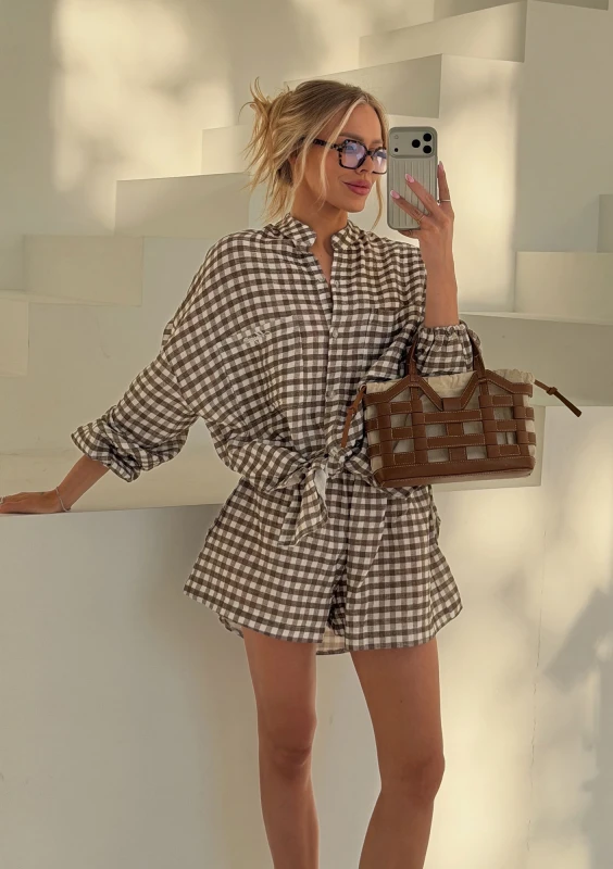 Palma - Oversize brown vichy checkered muslin shirt