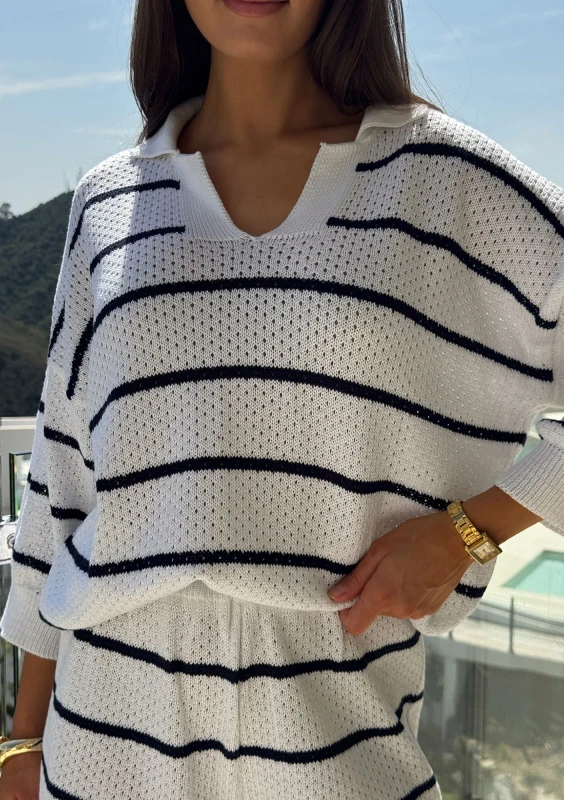 Marlow - Ecru knitted blouse in black stripes with a collar
