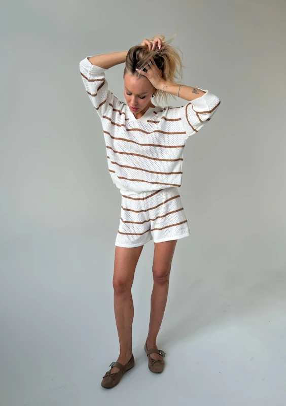 Marlow - Ecru knitted blouse in brown stripes