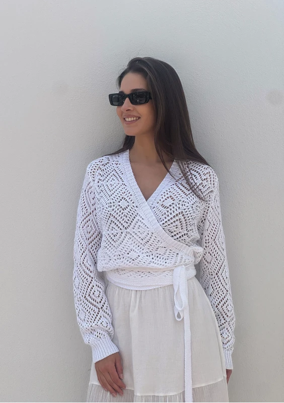 Celia - Openwork ecru wrap sweater