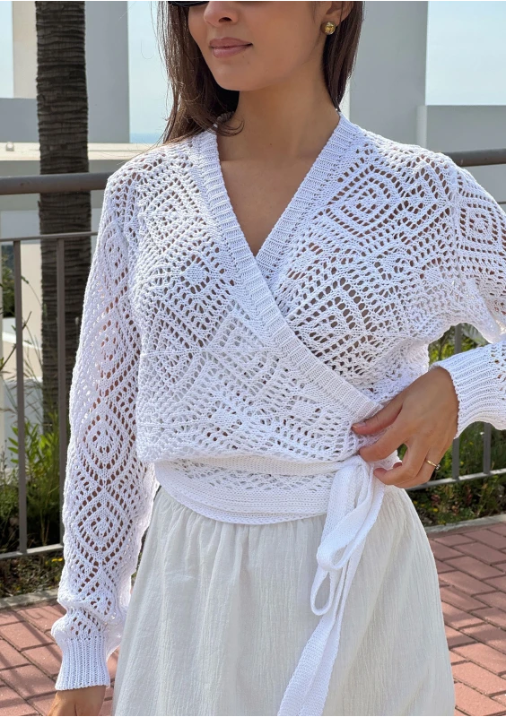 Celia - Openwork ecru wrap sweater