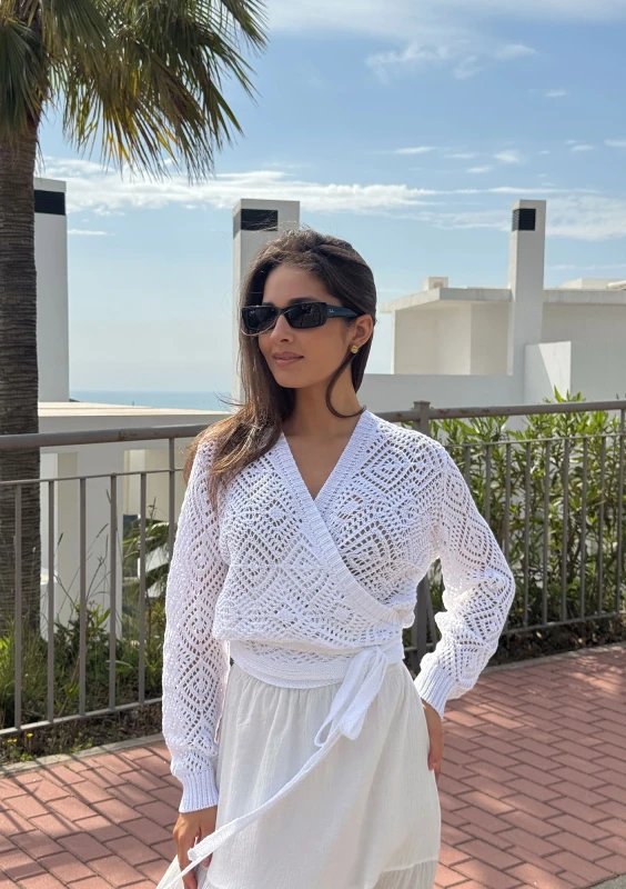 Celia - Openwork ecru wrap sweater