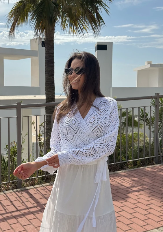 Celia - Openwork ecru wrap sweater