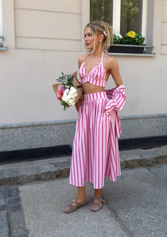 Lilli - Pink striped cotton midi skirt