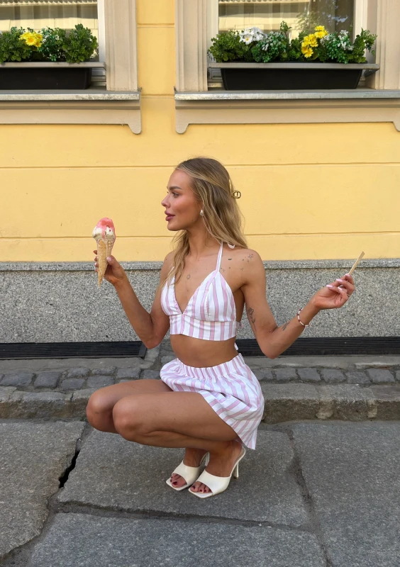 Lilli - Bawełniany bra top na ramiączkach w paski Pastel Pink