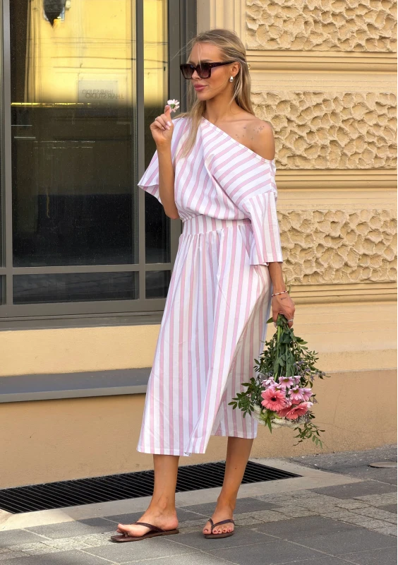 Lilli - Pastel pink striped cotton midi skirt