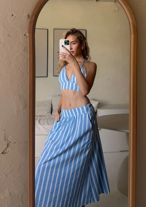 Lilli - Bawełniana spódnica midi w paski Light Blue