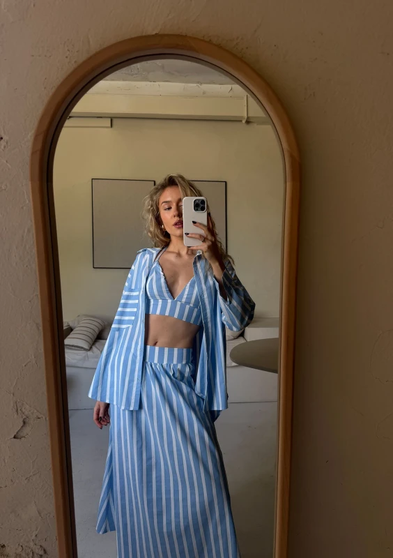 Lilli - Bawełniana spódnica midi w paski Light Blue