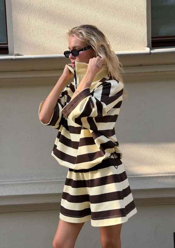 Yale Crop - Banana yellow and brown striped jumper with a high zipped collar