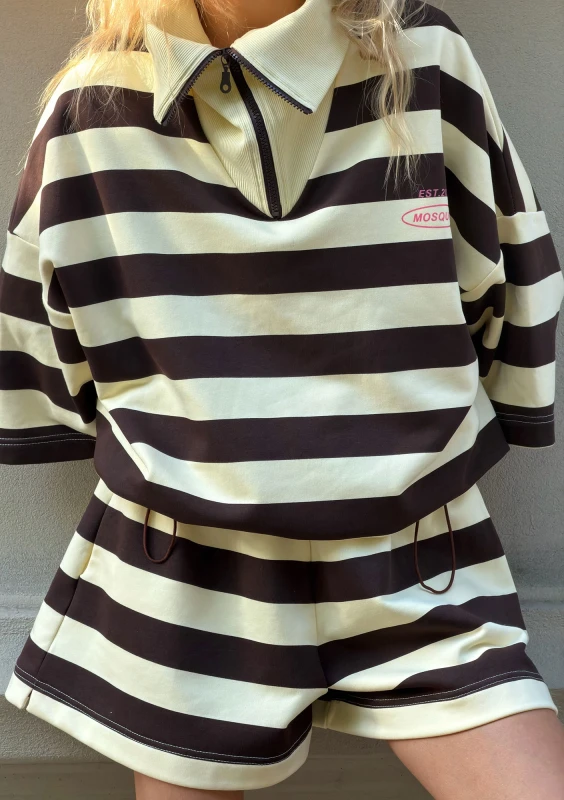 Yale Crop - Banana yellow and brown striped jumper with a high zipped collar