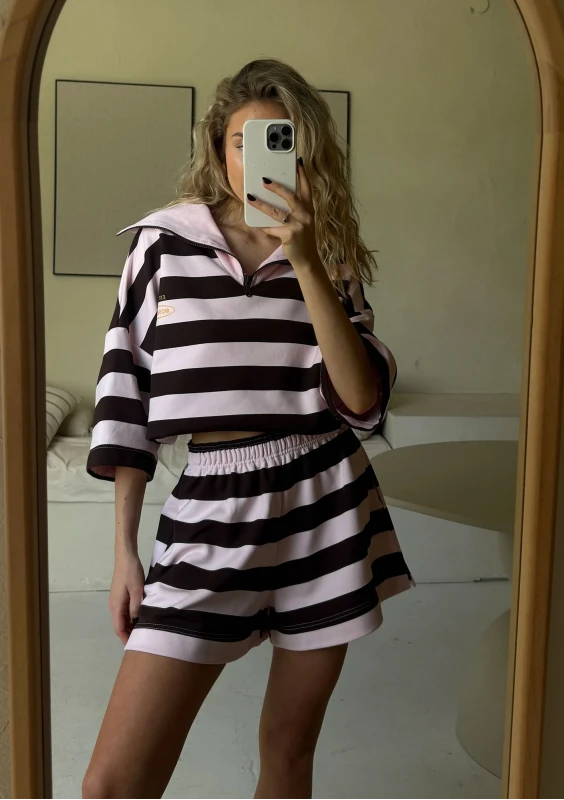 Yale Crop - Bluza z rozpinanym kołnierzem w paski Chocolate & Pastel Pink