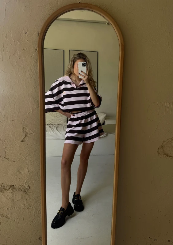 Yale Crop - Pastel pink and brown striped jumper with a high zipped collar
