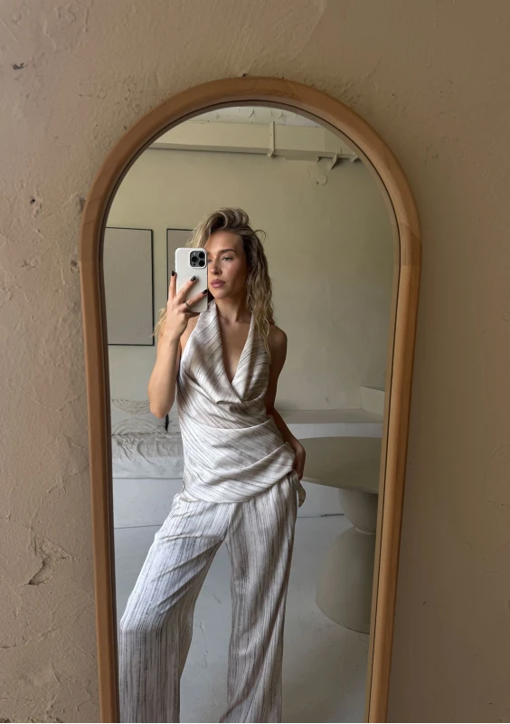 Velia - Satin striped trousers Sand Veil