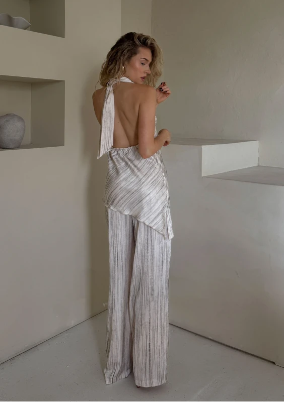Velia - Asymmetric satin striped top Sand Veil
