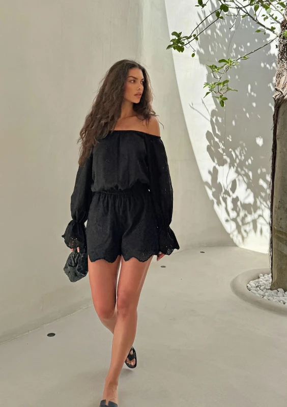 Siena - Letni kombinezon boho z haftowanej bawełny Czarny