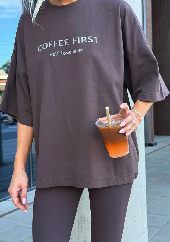 Ace - Brown oversized T-shirt "Coffee First"