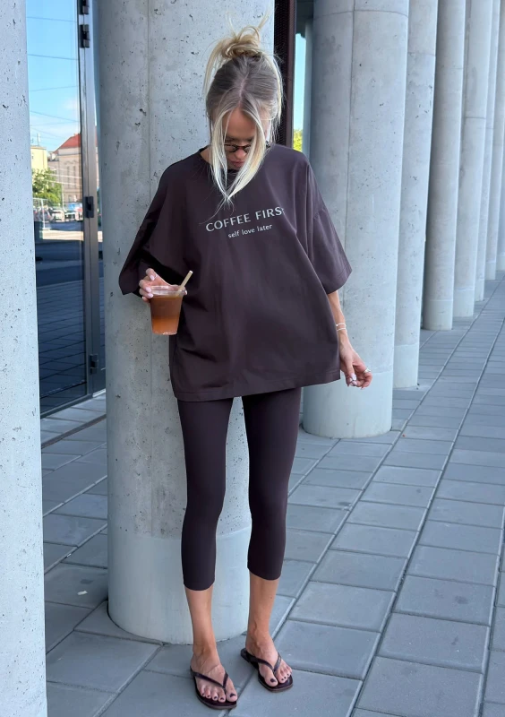 Ace - Brown oversized T-shirt "Coffee First"