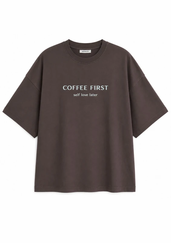 Ace - Koszulka oversize "Coffee First" Brązowa