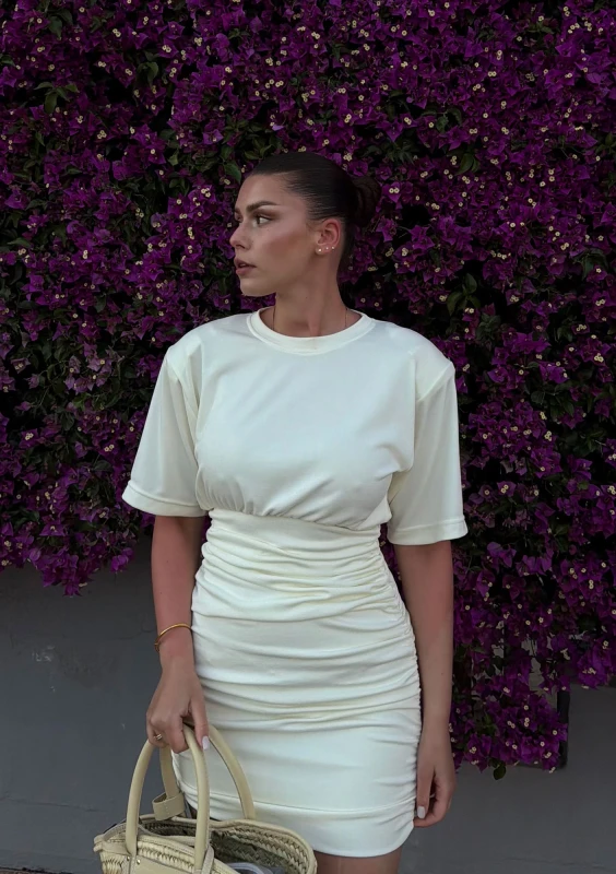 Leya - Draped creamy mini dress with shoulder pads