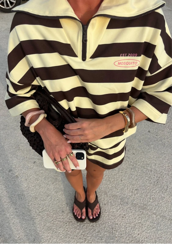 Yale Crop - Banana yellow and brown striped jumper with a high zipped collar