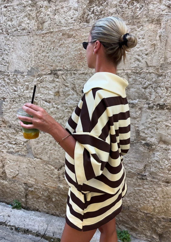 Yale Crop - Banana yellow and brown striped jumper with a high zipped collar