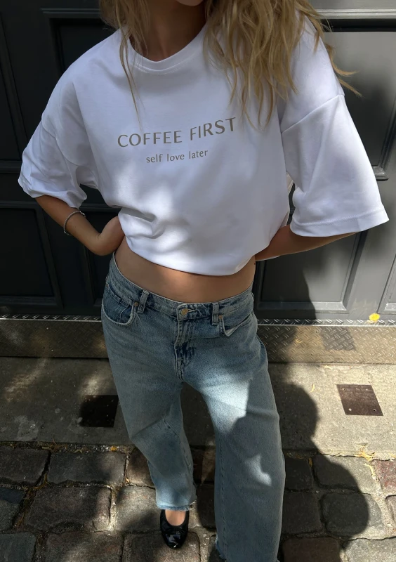 Ace - White oversized T-shirt "Coffee First"