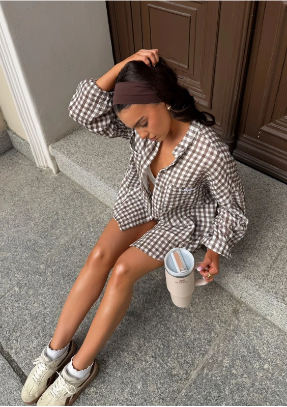 Palma - Oversize brown vichy checkered muslin shirt