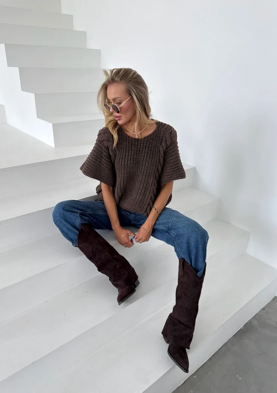 Loom - Melange brown vest sweater with decorative braids