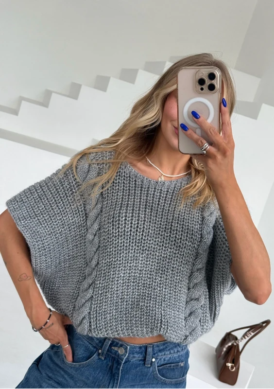 Loom - sweter oversize o kroju poncho z warkoczem Szary