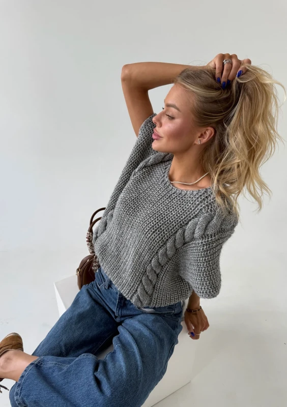 Loom - Melange grey vest sweater with decorative braids