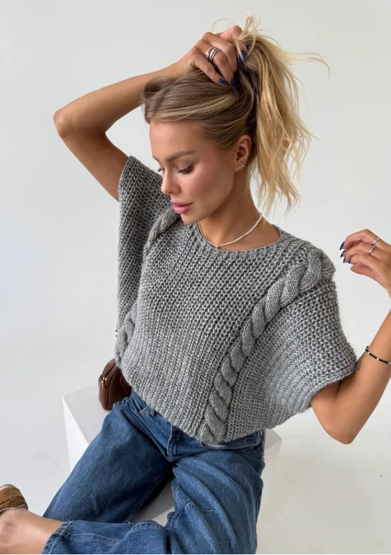 Loom - sweter oversize o kroju poncho z warkoczem Szary