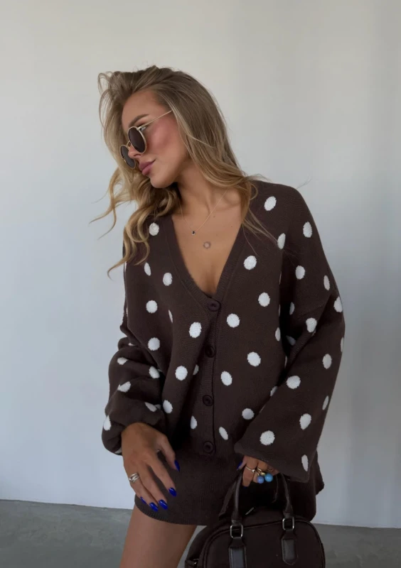 Miu - Dark latte brown dotted knitted cardigan
