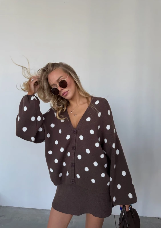 Miu - Dzianinowy kardigan w grochy Ciemny Latte