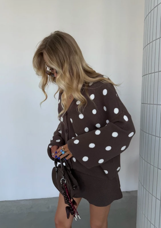 Miu - Dzianinowy kardigan w grochy Ciemny Latte