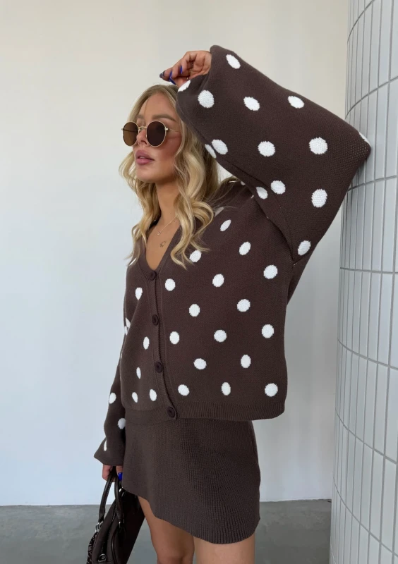 Miu - Dzianinowy kardigan w grochy Ciemny Latte
