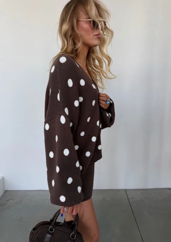 Miu - Dark latte brown dotted knitted cardigan