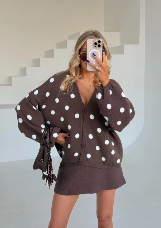 Miu - Dark latte brown dotted knitted cardigan