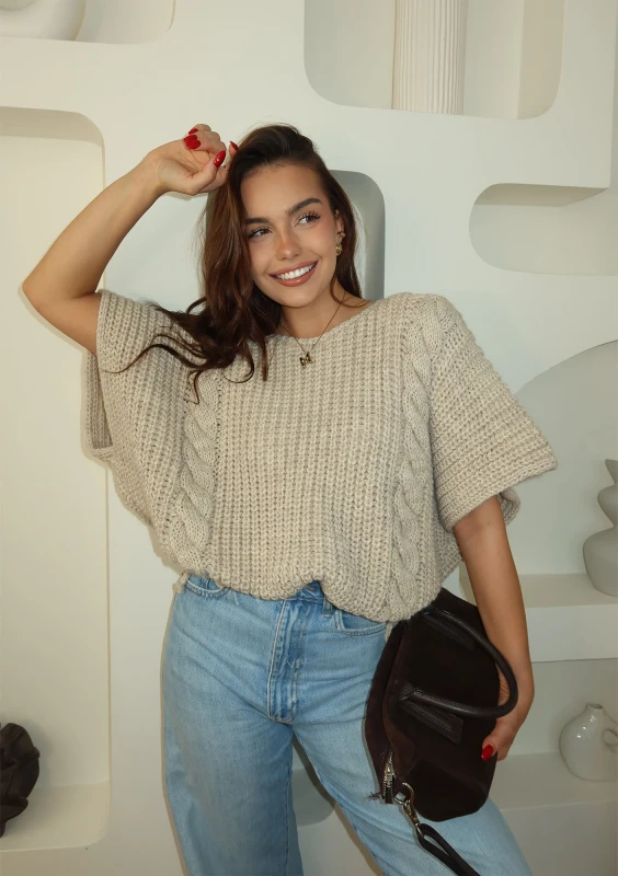 Loom - sweter oversize o kroju poncho z warkoczem Beżowy
