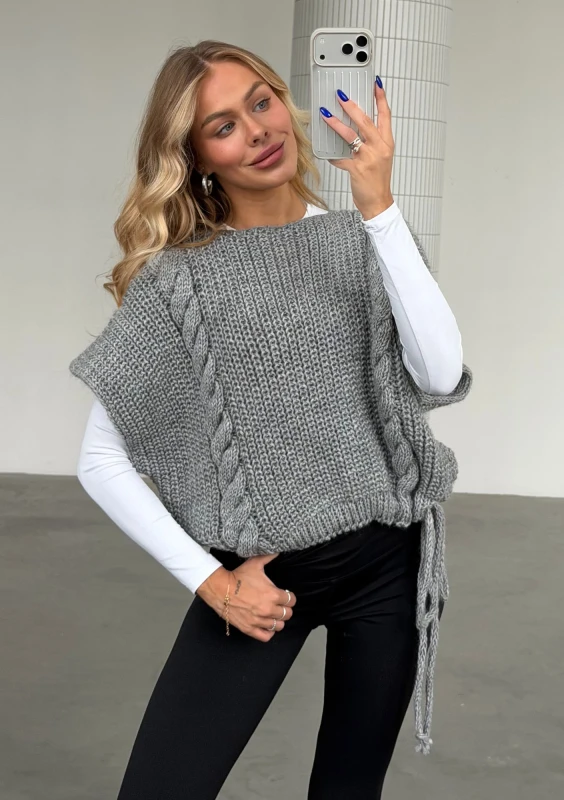 Loom - sweter oversize o kroju poncho z warkoczem Szary