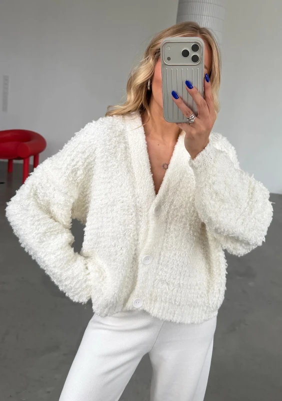 Lumie - Ecru fluffy boucle cardigan