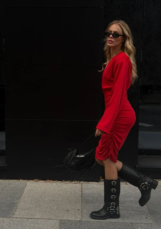 Romy - Draped red midi dress with shoulder pads