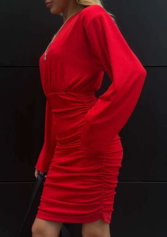 Romy - Draped red midi dress with shoulder pads