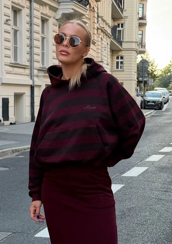 Levi - Bluza kangurka z kapturem w paski Deep Cherry