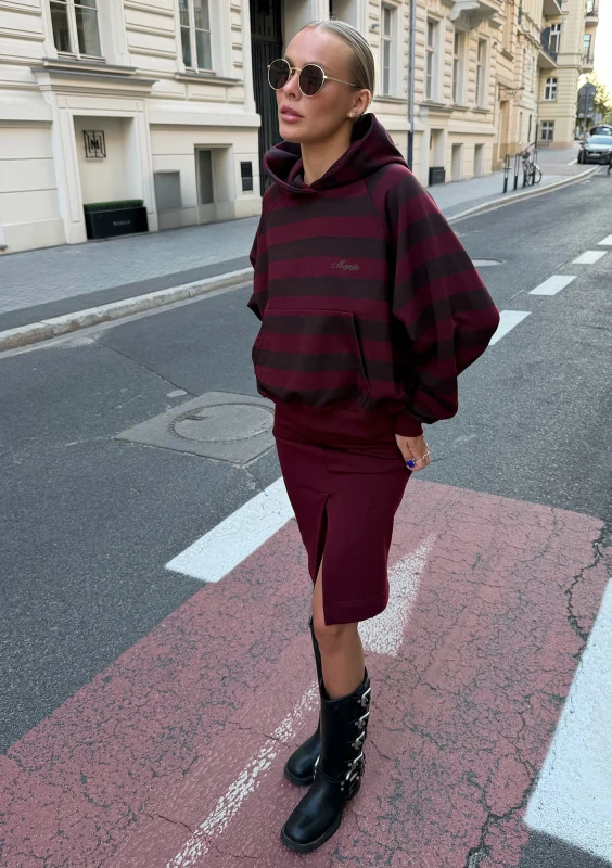 Levi - Bluza kangurka z kapturem w paski Deep Cherry