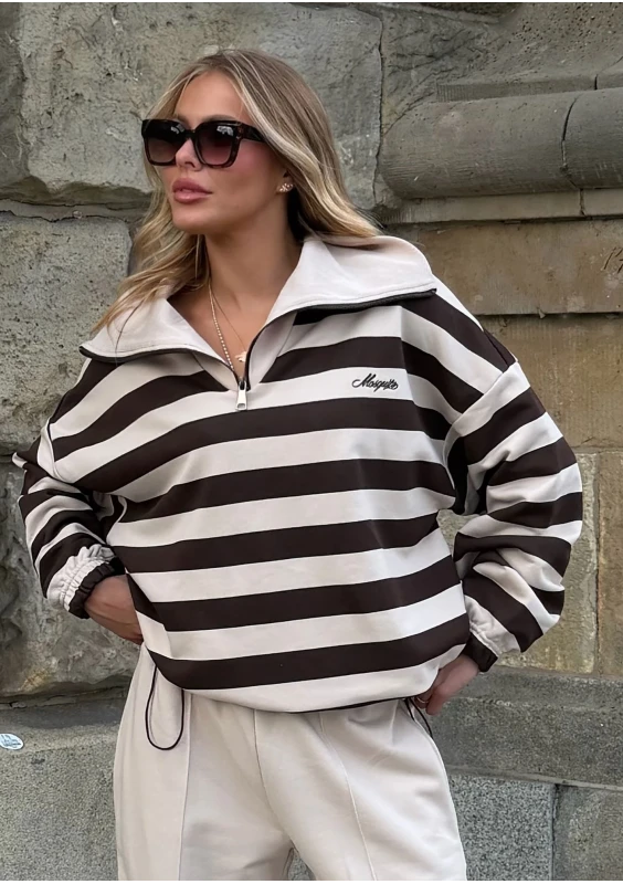 Yale Stripe Zip - Bluza z rozpinanym kołnierzem w paski Beige