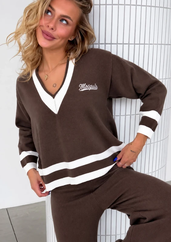 Crest - Sweter V-neck z kontrastowymi detalami Ciemny Latte
