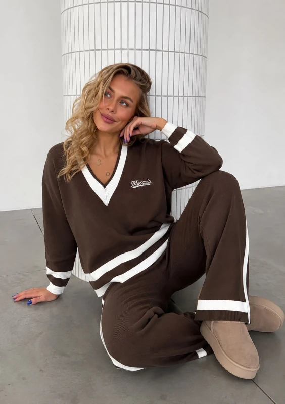 Crest - Sweter V-neck z kontrastowymi detalami Ciemny Latte