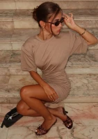 Leya - Draped beige mini dress with shoulder pads